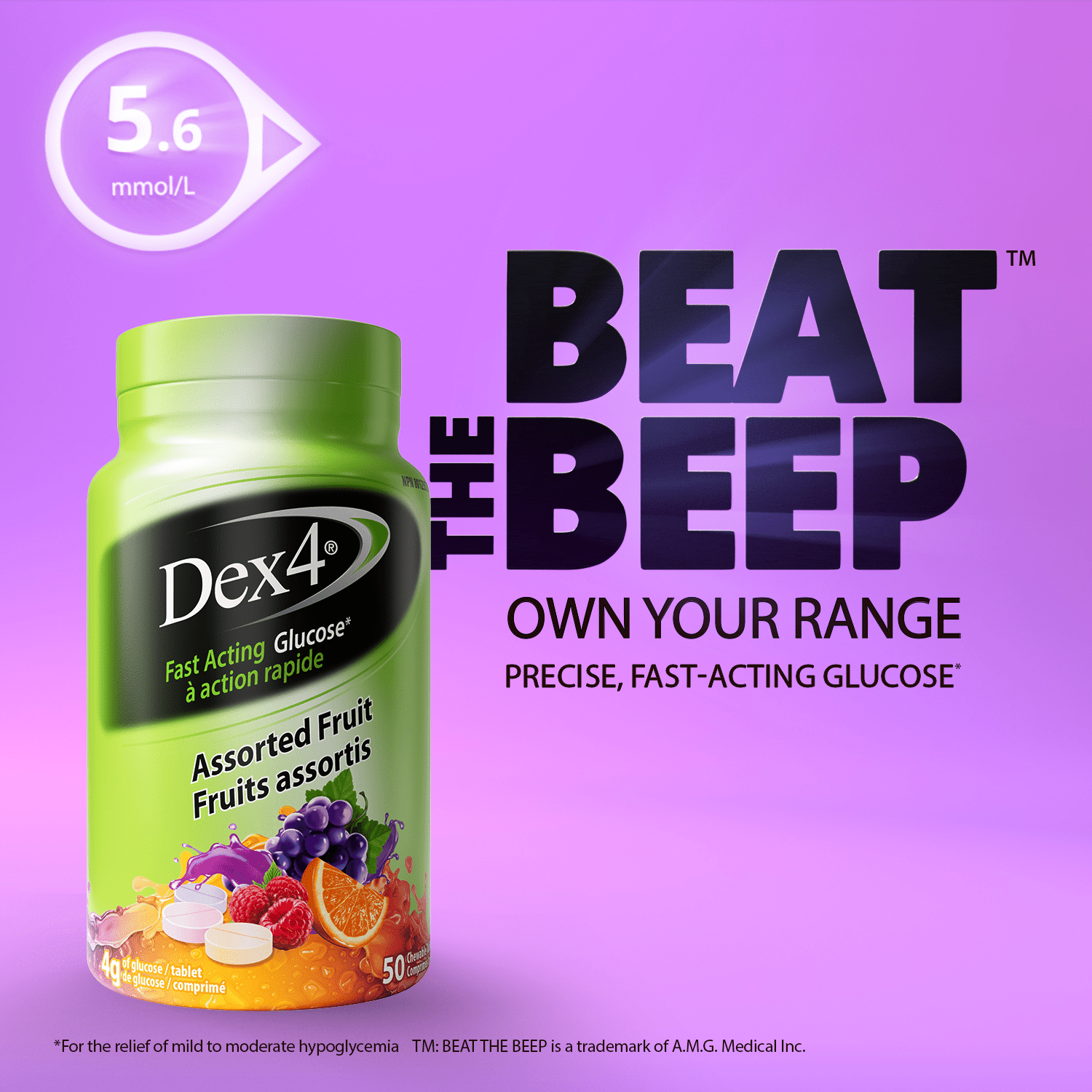 Glucose Tablets - 50 Count Bottle - Dex4